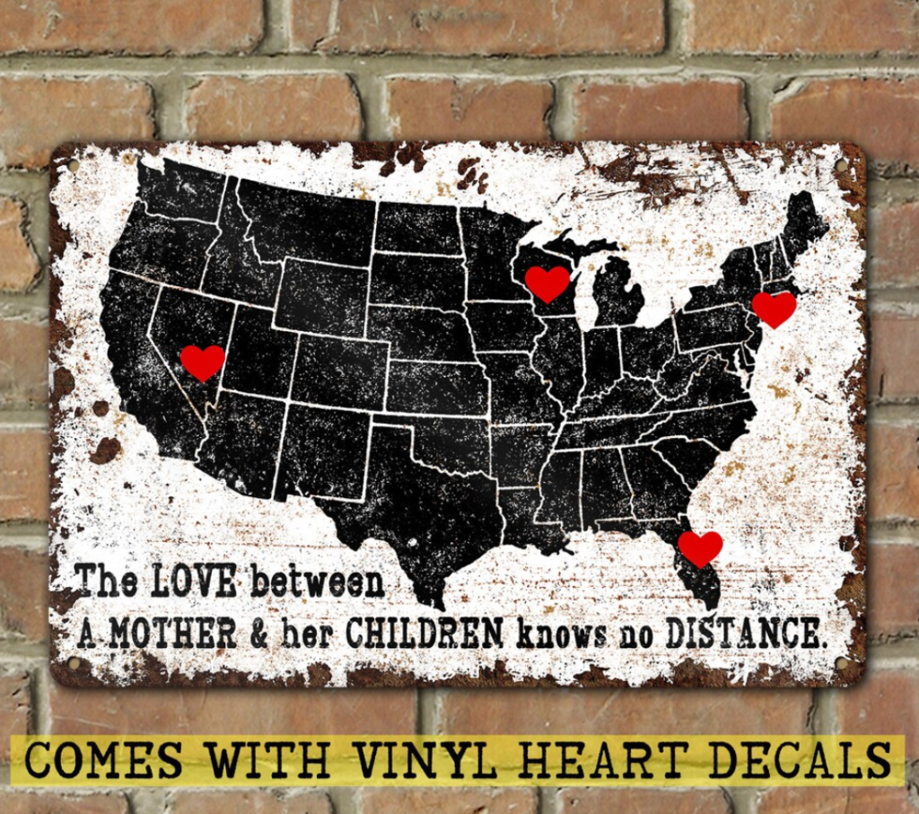 Love Between Distance Map of the United States Metal Sign With removable Heart decals