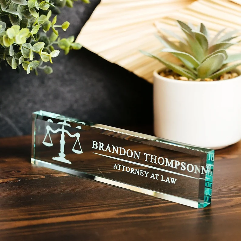 Scales of Justice Glass Name Plate