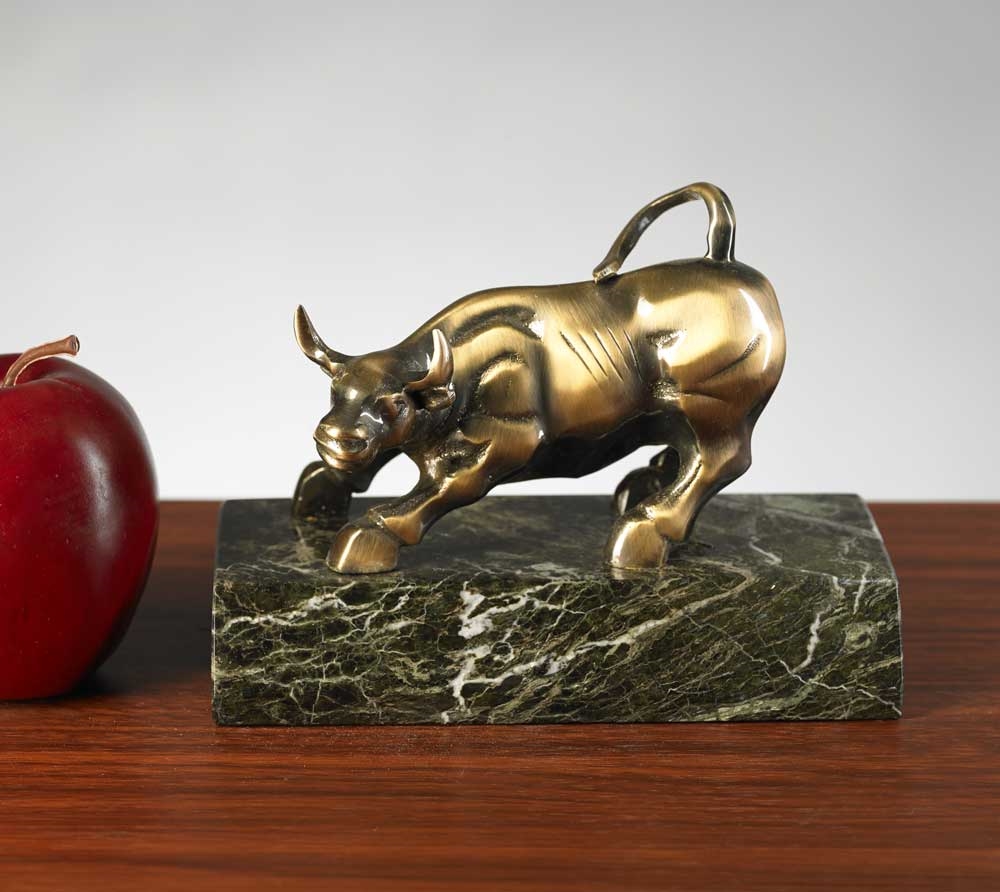 Antique Brass Bull Statue on Green Marble